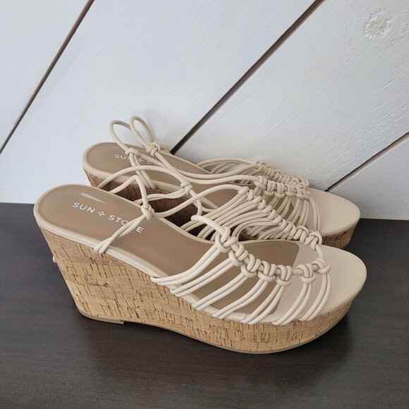 NEW Sun Stone Womens Tillyy Lace-Up Wedge  Eggshell 9M Cork Sandals - Picture 2 of 8